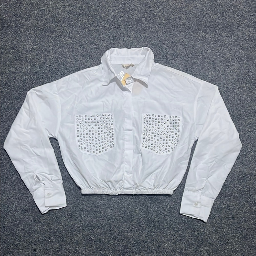 White Embellished Women's Blouse Studded pockets